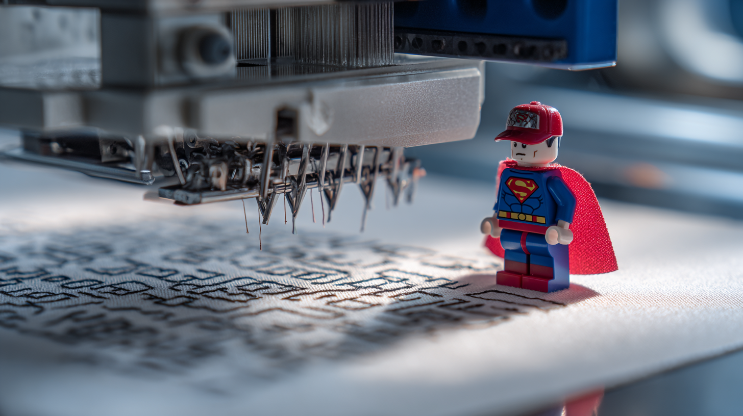 A caped LEGO-style minifig standing atop an embroidery machine as it works