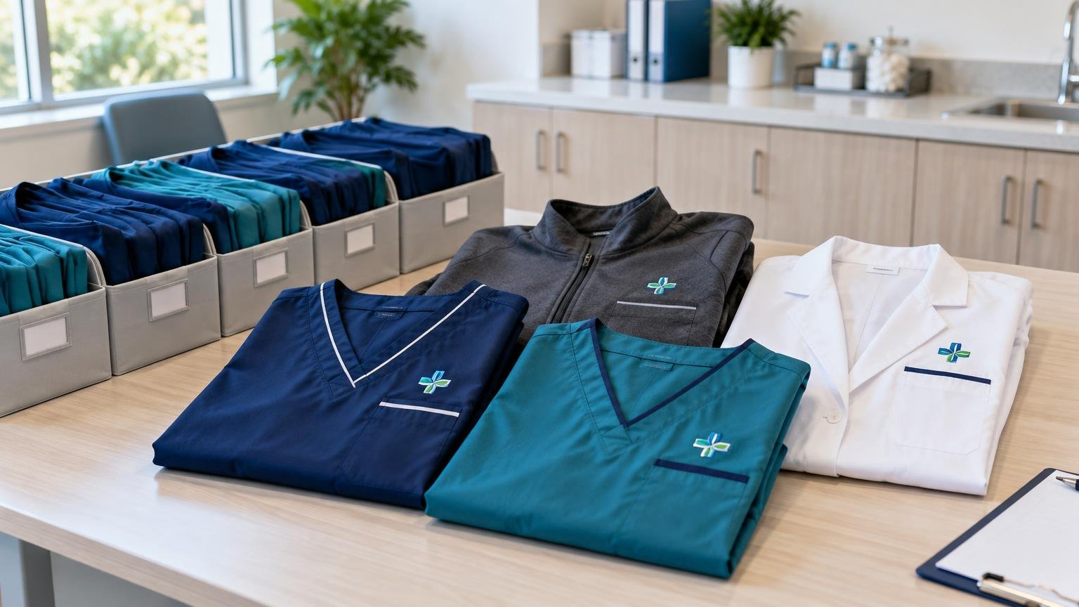 Neatly folded navy and teal medical scrubs, a charcoal zip-up jacket, and a white lab coat with matching embroidered green-and-blue flower-like emblems arranged on a table beside labeled bins of folded uniforms in a bright clinical office.