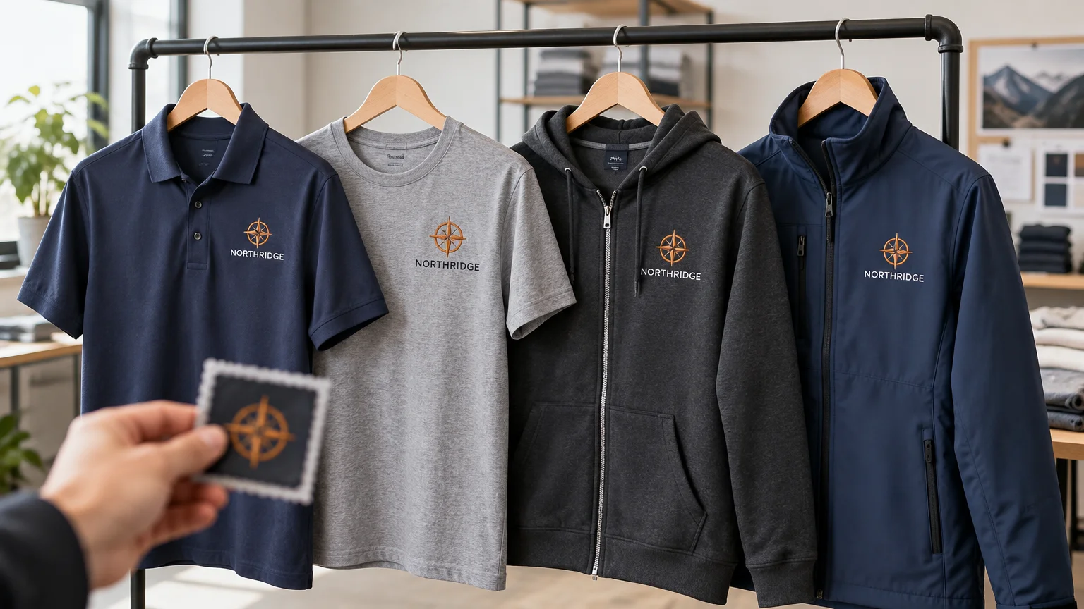 Four branded garments—a navy polo, gray T-shirt, charcoal zip hoodie, and navy jacket—hang on a rack, each displaying the same orange compass-style NorthRidge logo.