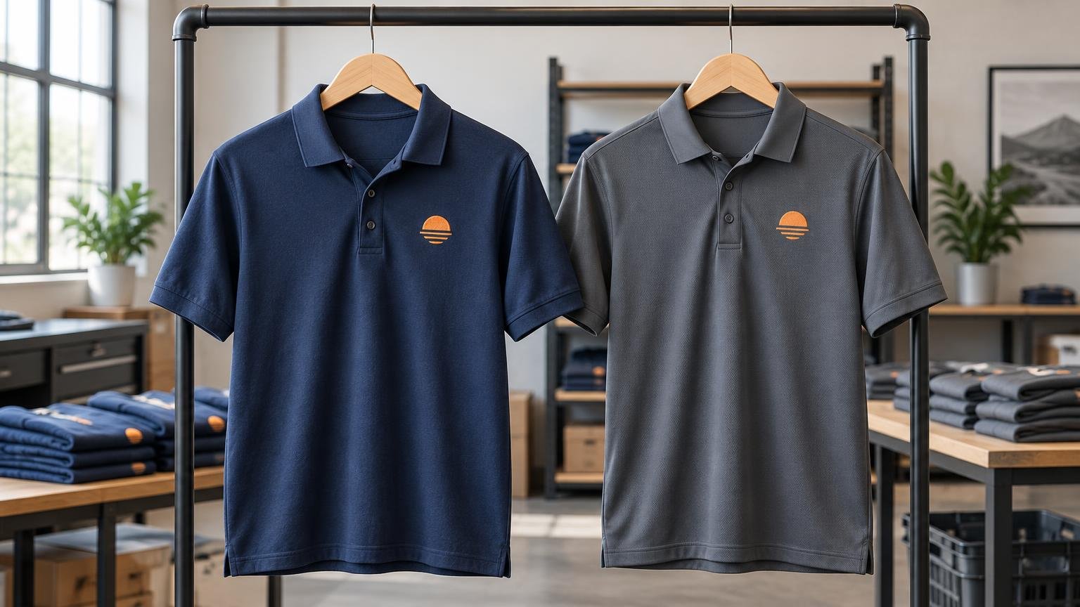 Two short-sleeve polo uniform shirts, one navy and one gray, hang on wooden hangers from a black rack in a bright apparel workspace, each with a small orange sun-like chest emblem; folded shirts sit on tables behind them.