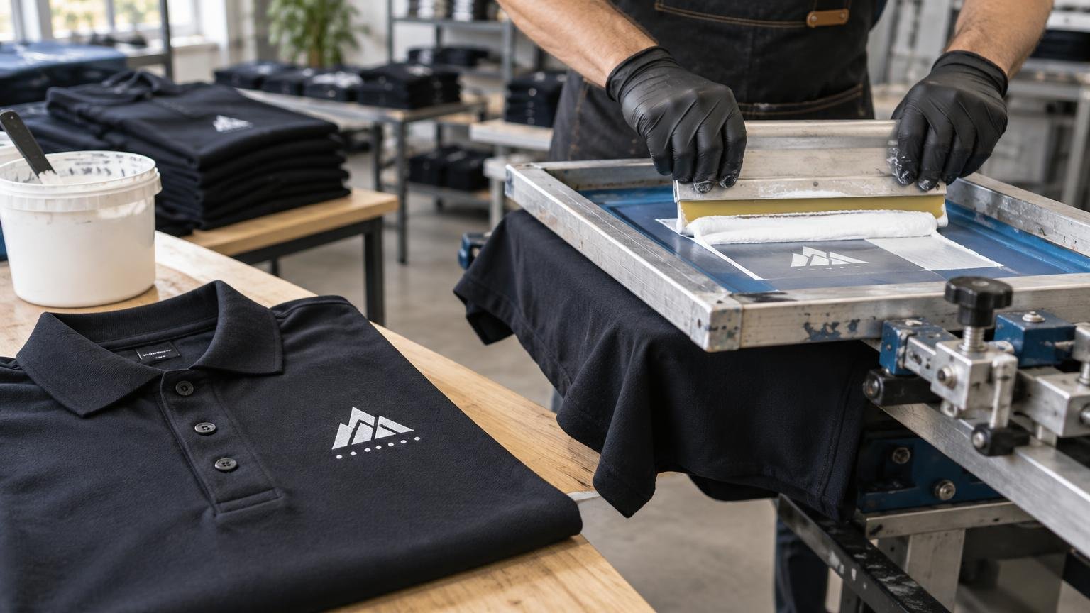 A gloved worker screen-prints white ink onto a dark polo shirt beside folded black polos with a small white geometric logo.