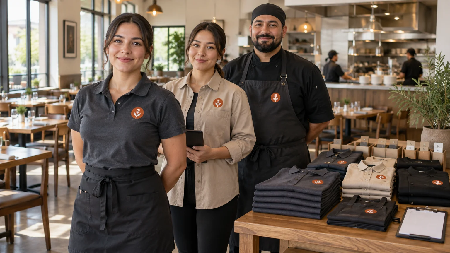 Three restaurant staff members in coordinated black and tan uniforms with matching orange wheat-style chest emblems stand beside a table of folded shirts, aprons, and labeled reorder bags in a bright dining room and open kitchen.