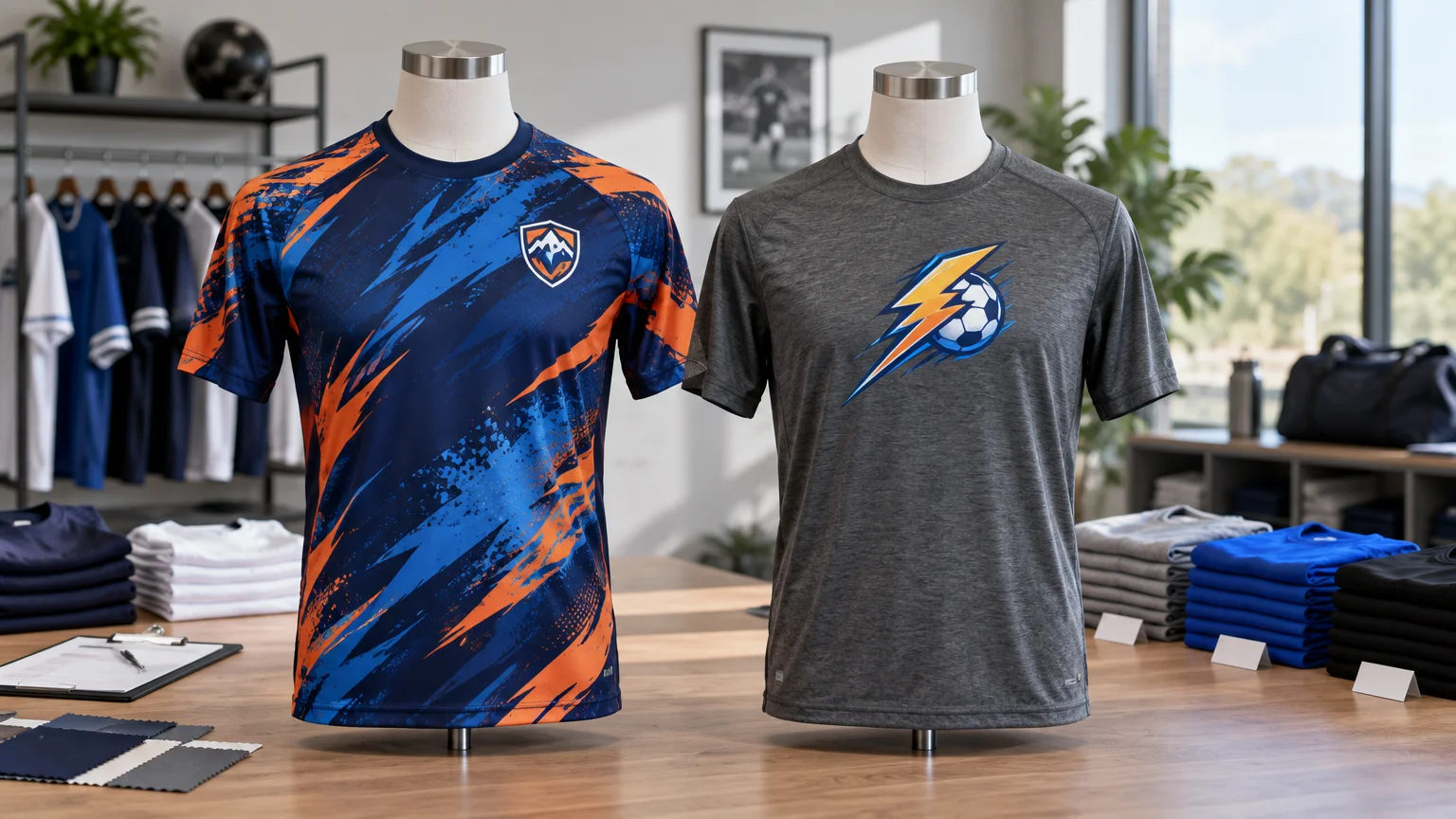 Two torso mannequins in a uniform showroom display a navy, blue, and orange all-over patterned sports jersey beside a heather-gray performance shirt with a large lightning-and-soccer-ball chest graphic; folded apparel and fabric swatches sit nearby.