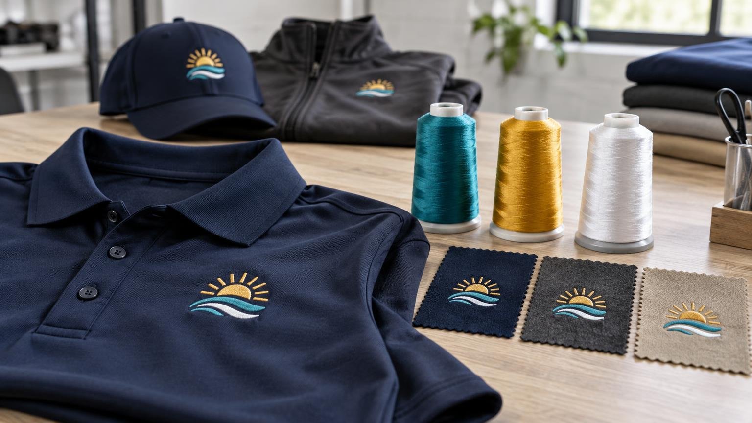 Navy embroidered polo, cap, and jacket displayed with teal, gold, and white thread spools and logo sample swatches on a worktable.