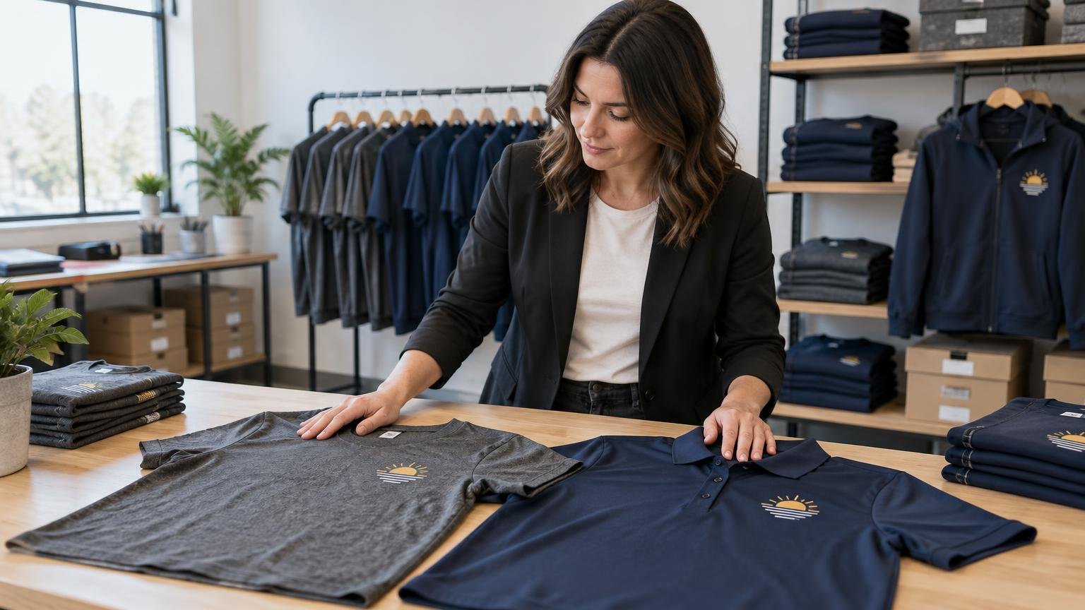 Woman arranging a gray T-shirt and navy polo with matching sunrise-style chest emblems in a uniform showroom, with folded apparel and hanging shirts behind her.
