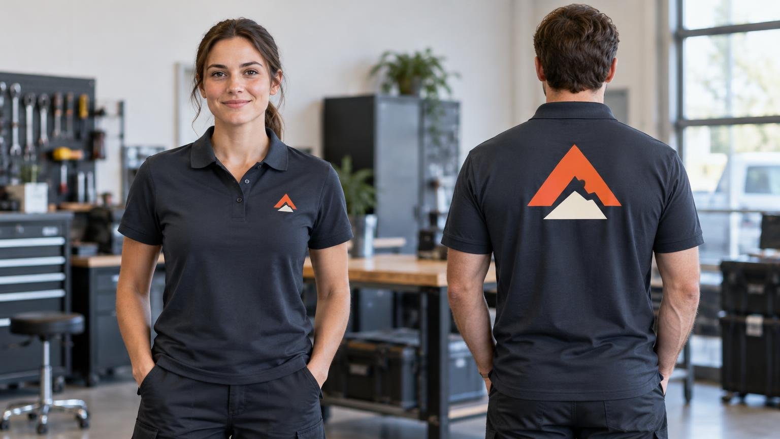 Two employees in a workshop wear dark polo uniforms: one faces forward with a small orange-and-cream geometric chest emblem, while the other faces away showing a larger version centered on the back.