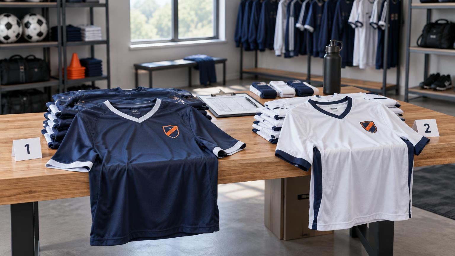 Navy and white soccer-style jerseys with matching shield crests are laid out on separate stacks on a wooden table, marked with cards numbered 1 and 2 in a bright equipment room.