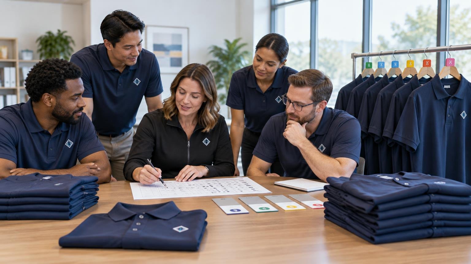 Five coworkers in matching navy logo polos review a size chart at a table with folded shirts and a rack of color-coded garment sizes.