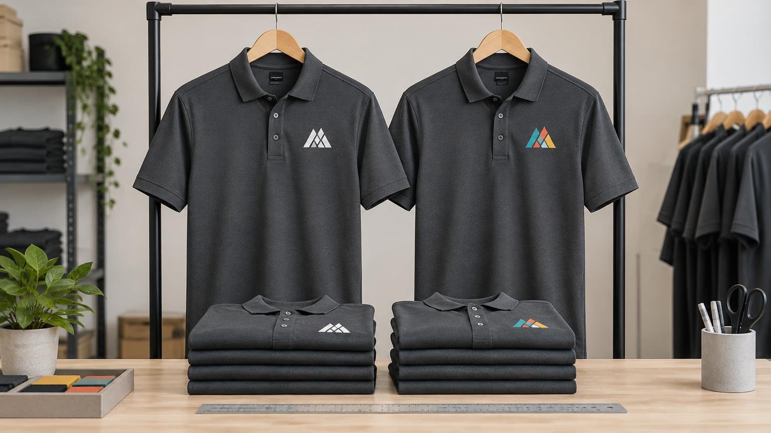 Two charcoal polo shirts on hangers compare a white one-color geometric chest logo with a multicolor version; matching folded shirt stacks sit below on a worktable in a uniform shop.