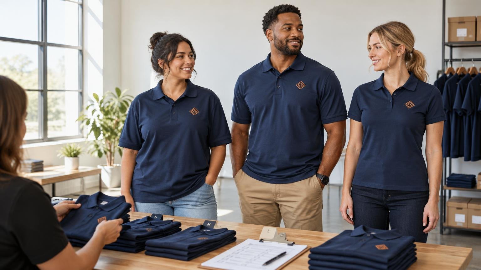 Three employees wearing navy embroidered polo shirts stand at a uniform fitting table with folded shirts, size markers, and a clipboard in a bright workplace.